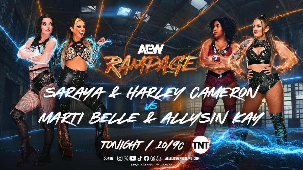TONIGHT!
Friday Night #AEWRampage
10pm ET/9pm CT | <a href="/tntdrama/">TNT Drama</a>

Outcasts’ <a href="/Saraya/">SARAYA</a> &amp; <a href="/harleycameron_/">Harley Cameron</a> face off vs the experienced team of <a href="/TheAllysinKay/">Allysin Kay</a> &amp; <a href="/MartiBelle/">Marti Belle</a> TONIGHT on Friday Night #AEWRampage at 10pm ET/9pm CT on <a href="/tntdrama/">TNT Drama</a>!