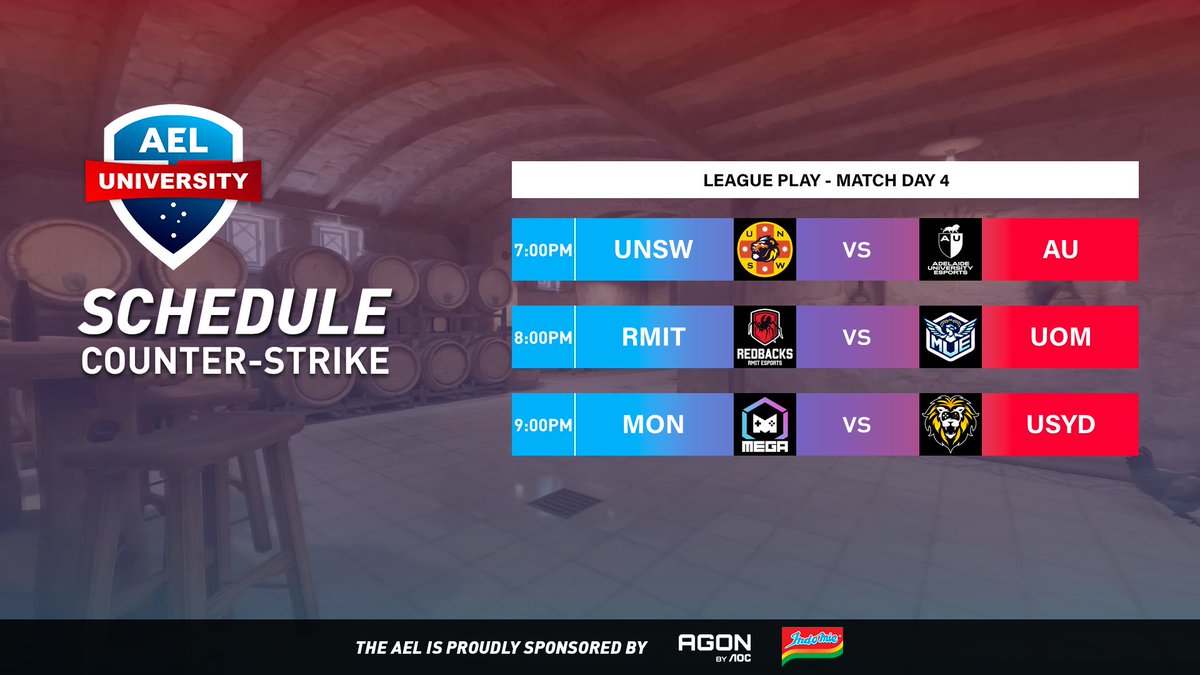 Australian Esports League (@auesportsleague) on Twitter photo 4 teams are tied at the top. Who will take out the wins tonight in the AEL University Elite Series?
🔴6:45PM AEST
📺twitch.tv/auesportsleague
🎙️<a href="/Emperor_zK/">Emperor_zK</a> & <a href="/Mattse123/">MattSe</a>
🎬<a href="/BkWhatOCE/">Bk</a> & <a href="/TwoTapTony/">Tony</a>
The AEL is proudly sponsored by <a href="/AGONbyAOC/">AGON by AOC</a> & <a href="/Indomielovers/">Indomie</a> 4 teams are tied at the top. Who will take out the wins tonight in the AEL University Elite Series?
🔴6:45PM AEST
📺twitch.tv/auesportsleague
🎙️<a href="/Emperor_zK/">Emperor_zK</a> & <a href="/Mattse123/">MattSe</a>
🎬<a href="/BkWhatOCE/">Bk</a> & <a href="/TwoTapTony/">Tony</a>
The AEL is proudly sponsored by <a href="/AGONbyAOC/">AGON by AOC</a> & <a href="/Indomielovers/">Indomie</a>