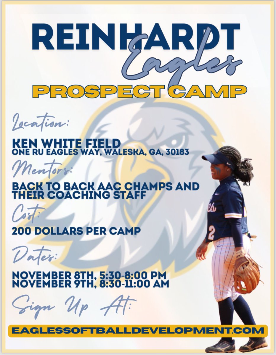 Matt Wright (@rucoachmatt) on Twitter photo !!!Now is the time to become an EAGLE!!! Don’t miss our fall camp @RUCoachBlalock <a href="/laurenwoods4721/">Lauren_woods</a> <a href="/PettitPride/">PettitPride</a> <a href="/RUSoftball22/">Reinhardt Softball</a> !!!Now is the time to become an EAGLE!!! Don’t miss our fall camp @RUCoachBlalock <a href="/laurenwoods4721/">Lauren_woods</a> <a href="/PettitPride/">PettitPride</a> <a href="/RUSoftball22/">Reinhardt Softball</a>