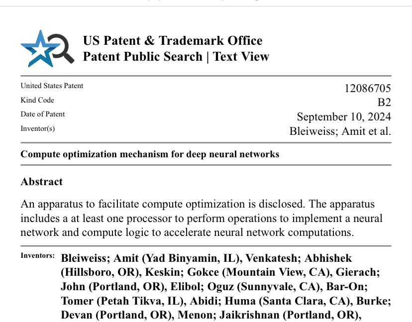 Super excited to announce the patent we filed back in 2017, got approved today ! 🎉 The patent, US #12086705, covers a "Compute Optimization Mechanism for Deep Neural Networks." 
#GotMyPatent !
link: