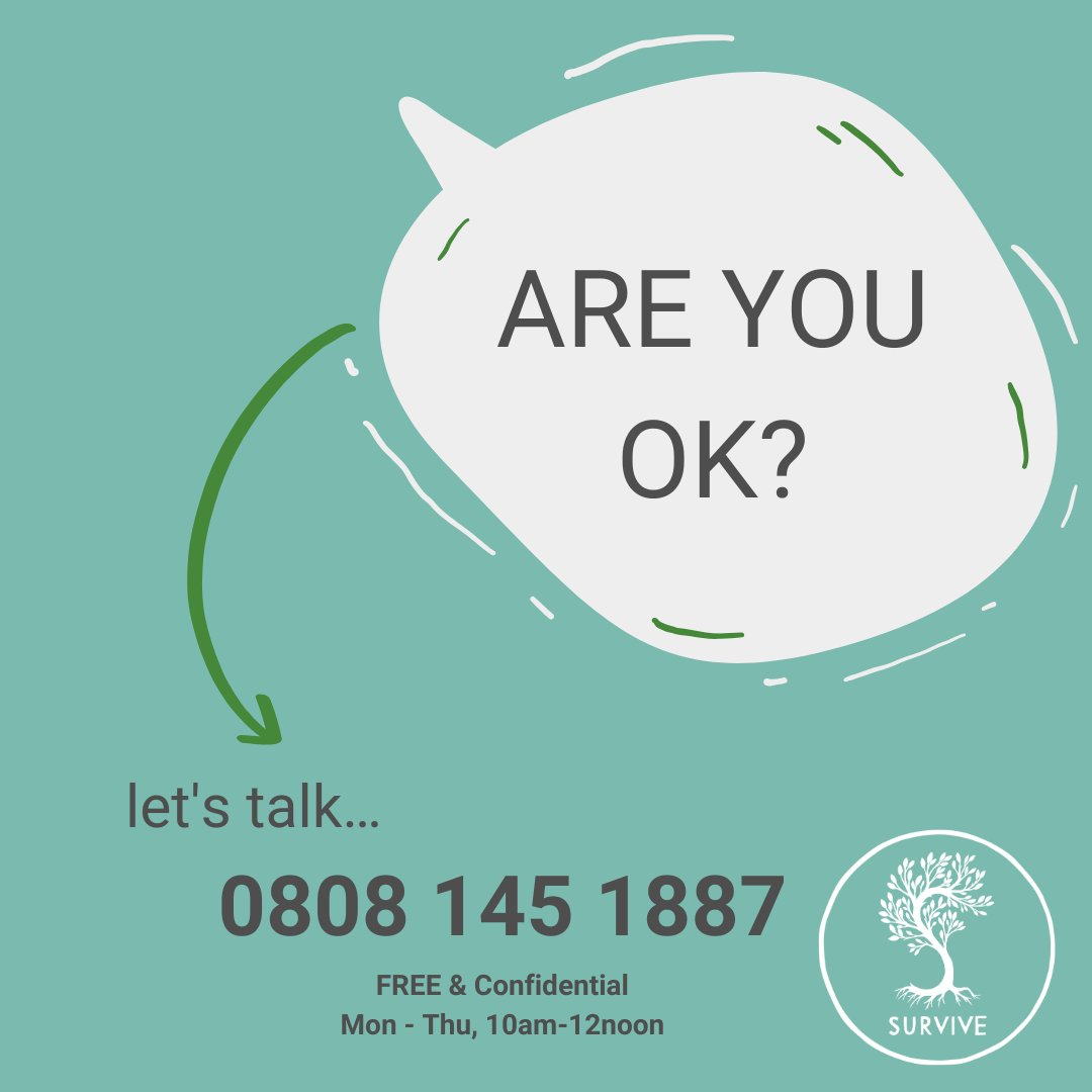 Survive (@survive_nyorks) on Twitter photo Please do not forget that we are here to listen, when you are ready to talk.
Our helpline is confidential and free to call:
📷0808 145 1887
Open Mondays to Thursdays, 10am - 12noon.
#York #NorthYorkshire #TraumaTherapy #TraumaInformed Please do not forget that we are here to listen, when you are ready to talk.
Our helpline is confidential and free to call:
📷0808 145 1887
Open Mondays to Thursdays, 10am - 12noon.
#York #NorthYorkshire #TraumaTherapy #TraumaInformed