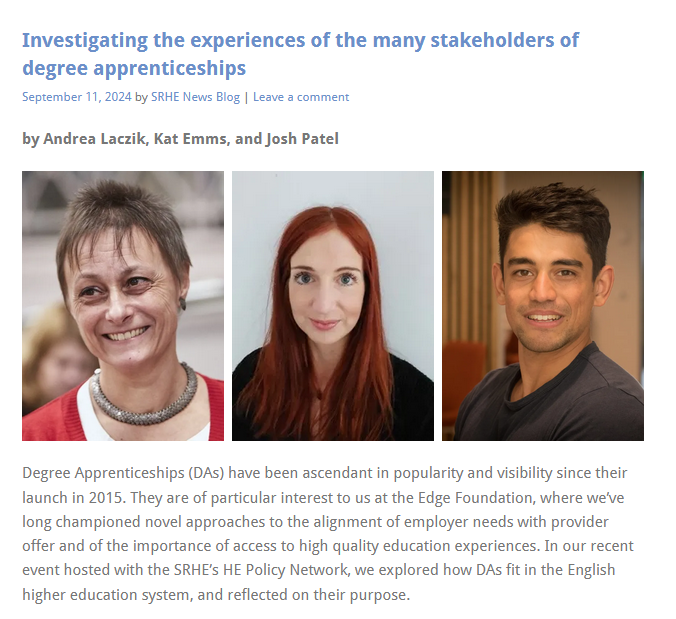 JoshPatel_HE's tweet photo. @ukEdge have been working three projects on Degree Apprenticeships, on experiences of stakeholders, what makes a good work-based mentor, and social mobility - and to be published over the next two months! Read our blog for @SRHE73:

https://t.co/NolhhyBLMo https://t.co/NtIvJeO6DK