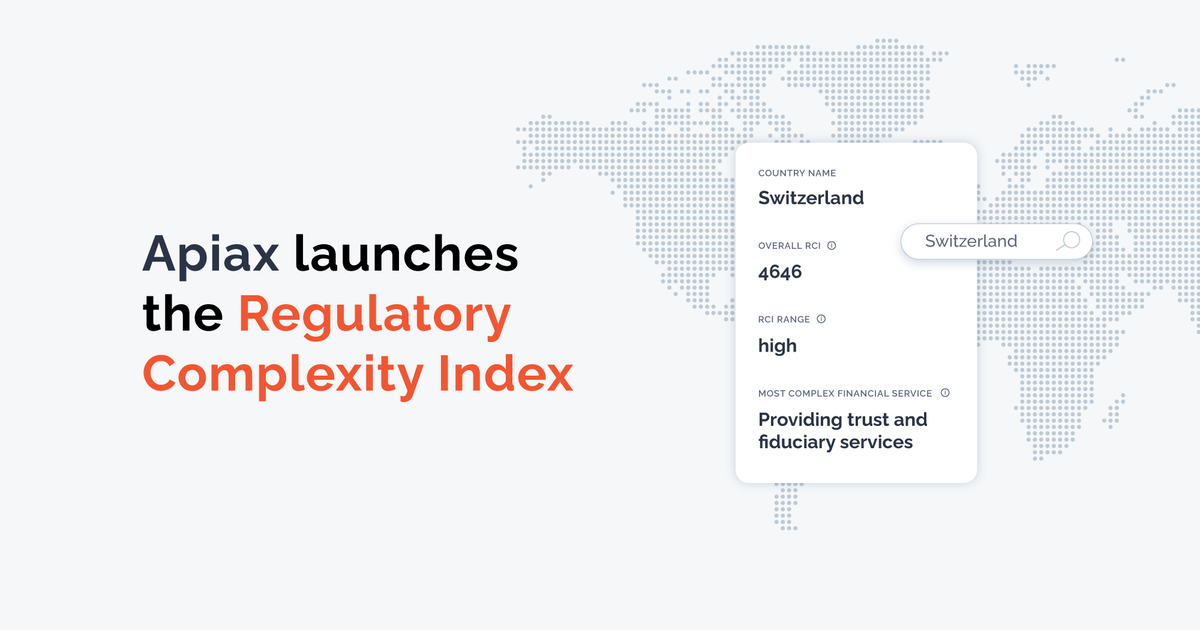 Apiax launches the Apiax Regulatory Complexity Index (RCI) 🚀🚀 

A tool designed to provide financial institutions with a broad overview of the regulatory restriction imposed on offering  specific financial services within a given country.

Learn more: apiax.com/rci/