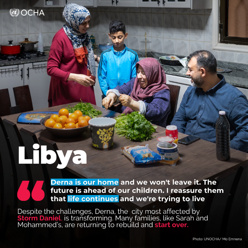 UNOCHA's tweet photo. Sarah and her family are slowly recovering from the trauma of #StormDaniel.
After relocating to Benghazi, they've returned to Derna, the city most affected by the floods, to repair their family home.
Read more stories of hope and resilience from #Libya ⬇️