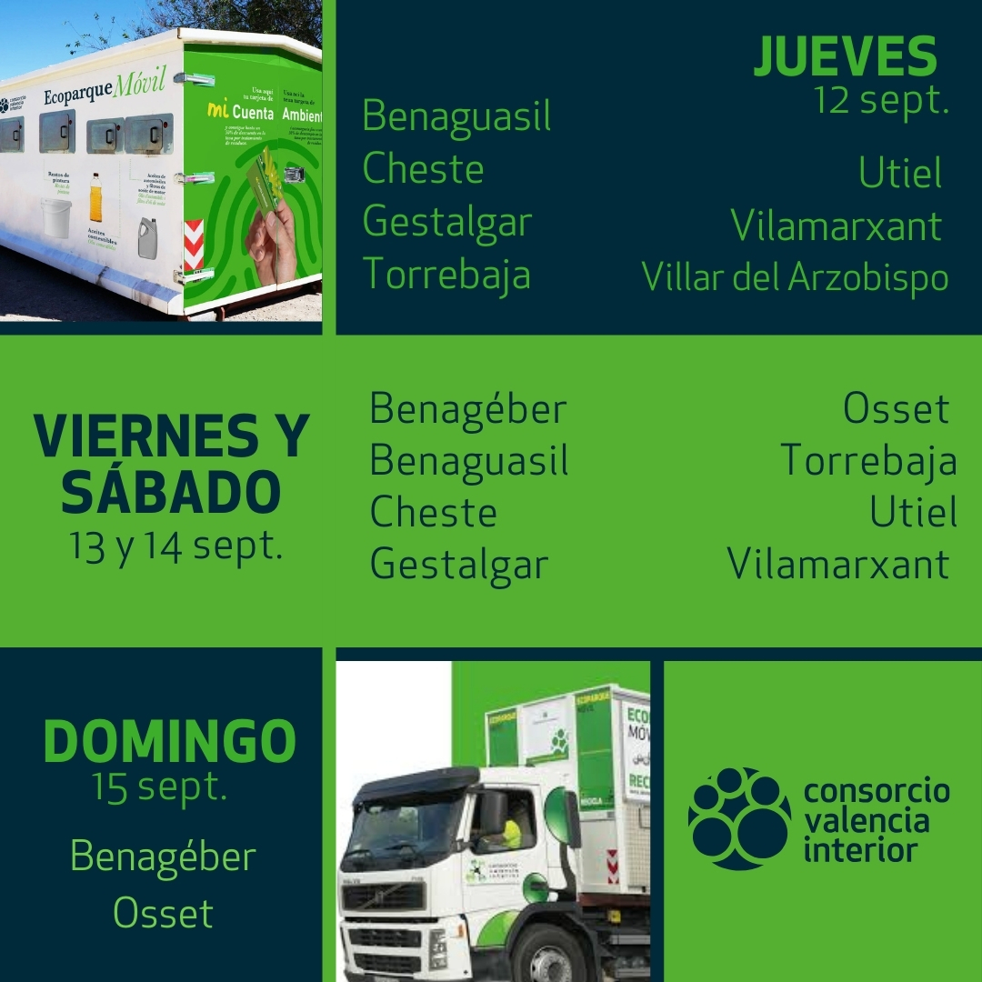 CviValencia's tweet photo. Des de hui pots trobar els nostres #ecomòbils en:
🟢 Benaguasil 
🟢 Cheste 
🟢 Gestalgar 
🟢 Torrebaja
🟢 Utiel 
🟢 Vilamarxant 

Últim dia en Villar del Arzobispo!

⚠️ Recorda que pots consultar el calendari del teu municipi en la nostra web 🔗➡️ https://t.co/BtOcj78pVA https://t.co/ym3zJSmCA9