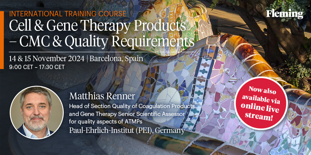 Fleming_Pharma's tweet image. 🌟 Exciting News! 🌟Join us for Cell &amp;amp; Gene Therapy Products – CMC &amp;amp; Quality Requirements with Matthias Renner, expert from the Paul-Ehrlich-Institut, Germany! 🧬
📅 14-15 Nov 2024📍 Barcelona &amp;amp; Online🔗 Register now: eu1.hubs.ly/H0cjPL50 #CellGeneTherapy #Biotech #GeneTherapy