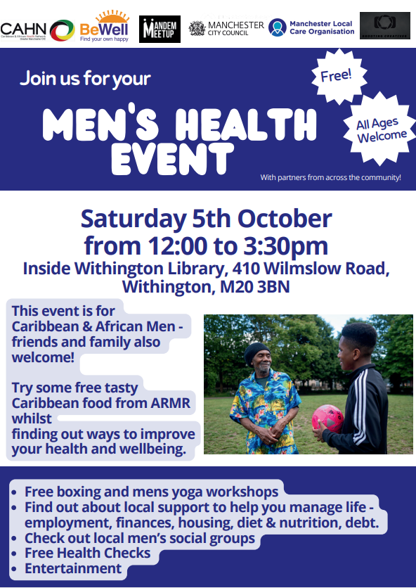 Yasmin Holgeth HDC (@yasminhealthdev) on Twitter photo On Saturday 5th October in Withington Library check out this Men's Health Event for African and Caribbean Men, friends and family welcome! Activities #Boxing #Yoga Stalls <a href="/cahn_uk/">Caribbean & African Health Network</a> @BeWellMcr <a href="/MandemMeetup/">Mandem Meetup</a> <a href="/mcrlco/">Manchester Local Care Organisation</a> <a href="/AnswerCancerGM/">@AnswerCancerGM</a> <a href="/CanSurviveUK/">Can-Survive UK</a> <a href="/MCRActive/">Manchester Active</a> Food <a href="/armrstore/">ARMRSTORE</a> On Saturday 5th October in Withington Library check out this Men's Health Event for African and Caribbean Men, friends and family welcome! Activities #Boxing #Yoga Stalls <a href="/cahn_uk/">Caribbean & African Health Network</a> @BeWellMcr <a href="/MandemMeetup/">Mandem Meetup</a> <a href="/mcrlco/">Manchester Local Care Organisation</a> <a href="/AnswerCancerGM/">@AnswerCancerGM</a> <a href="/CanSurviveUK/">Can-Survive UK</a> <a href="/MCRActive/">Manchester Active</a> Food <a href="/armrstore/">ARMRSTORE</a>