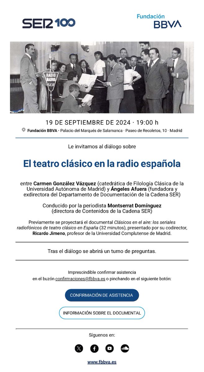 Fundación BBVA
Invitación al diálogo sobre "El teatro clásico en la radio española"
19 de septiembre
19:00h
Palacio del marqués de Salamanca, Paseo de Recoletos, 10. Madrid.