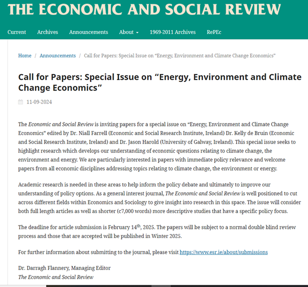 ESR (@esr_ie) on Twitter photo The Economic and Social Review is inviting papers for a special issue on “Energy, Environment and Climate Change Economics” edited by Dr. Niall Farrell (<a href="/ESRIDublin/">Economic and Social Research Institute (ESRI)</a> ) Dr. Kelly de Bruin (<a href="/ESRIDublin/">Economic and Social Research Institute (ESRI)</a>) and Dr. Jason Harold (<a href="/galwaycairnes/">UniversityofGalwayCairnes</a>). Details below esr.ie/index.php/esr/… The Economic and Social Review is inviting papers for a special issue on “Energy, Environment and Climate Change Economics” edited by Dr. Niall Farrell (<a href="/ESRIDublin/">Economic and Social Research Institute (ESRI)</a> ) Dr. Kelly de Bruin (<a href="/ESRIDublin/">Economic and Social Research Institute (ESRI)</a>) and Dr. Jason Harold (<a href="/galwaycairnes/">UniversityofGalwayCairnes</a>). Details below esr.ie/index.php/esr/…