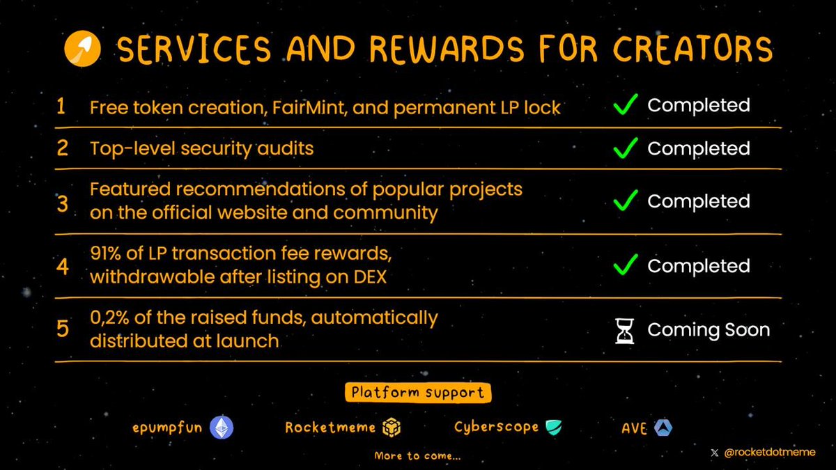 Rocket Services and Rewards for Creators:

1. Free token creation, FairMint, and permanent LP lock : √ Completed
2. Top-level security audits : √ Completed
3. Featured recommendations of popular projects on the official website and community : √ Completed
4. 91% of LP