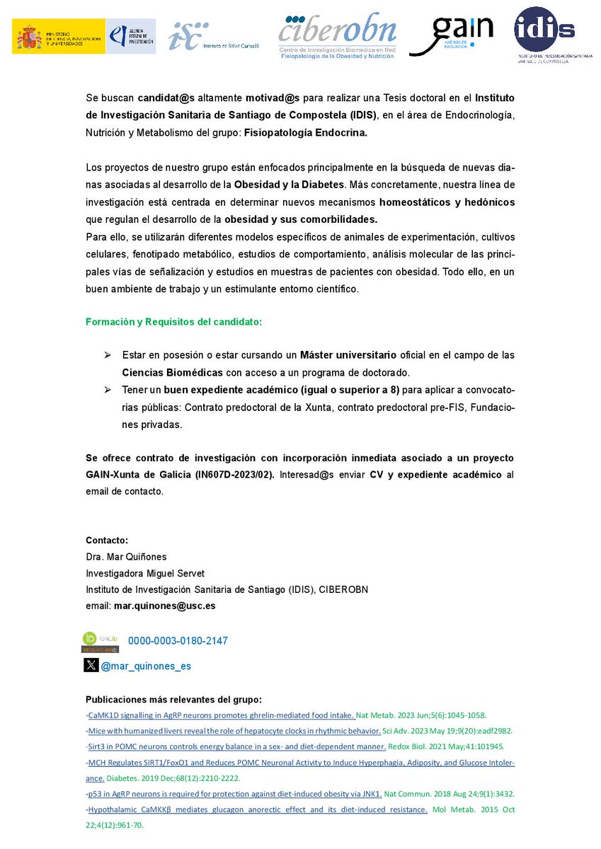 🚨Contrato #predoctoral sobre búsqueda de nuevas dianas asociadas al desarrollo de la Obesidad y la Diabetes en el Instituto de Investigación Sanitaria de Santiago de Compostela (IDIS)<a href="/idis_research/">Instituto de Invest. Sanitaria de Santiago (IDIS)</a> 

Más info 👇🏻