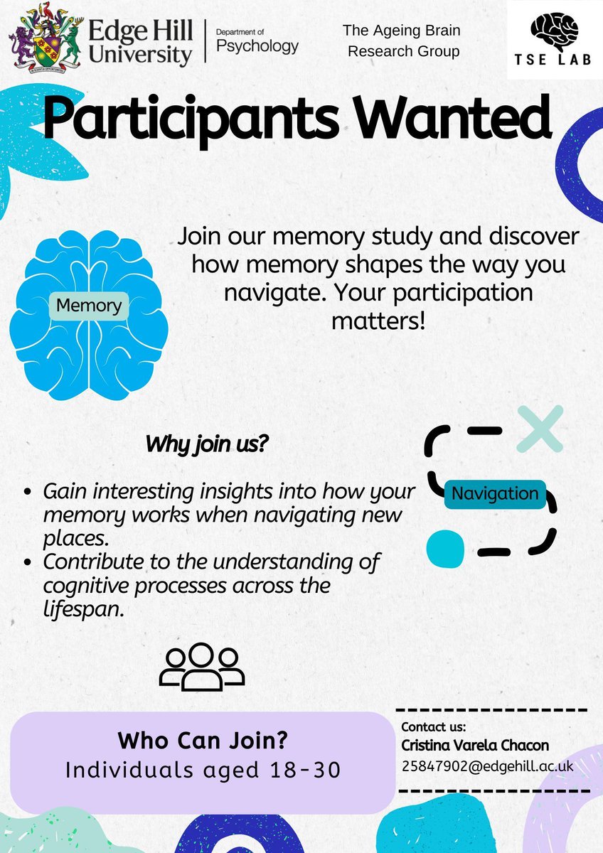 Edge Hill Psychology (@edgehill_psych) on Twitter photo Are you interested in understanding more about your memory and how it operates when navigating new environments?
Would you like to make a valuable contribution to memory research?
Then our study could be for you!
Please contact: Cristina Varela Chacon
25847902@edgehill.ac.uk Are you interested in understanding more about your memory and how it operates when navigating new environments?
Would you like to make a valuable contribution to memory research?
Then our study could be for you!
Please contact: Cristina Varela Chacon
25847902@edgehill.ac.uk
