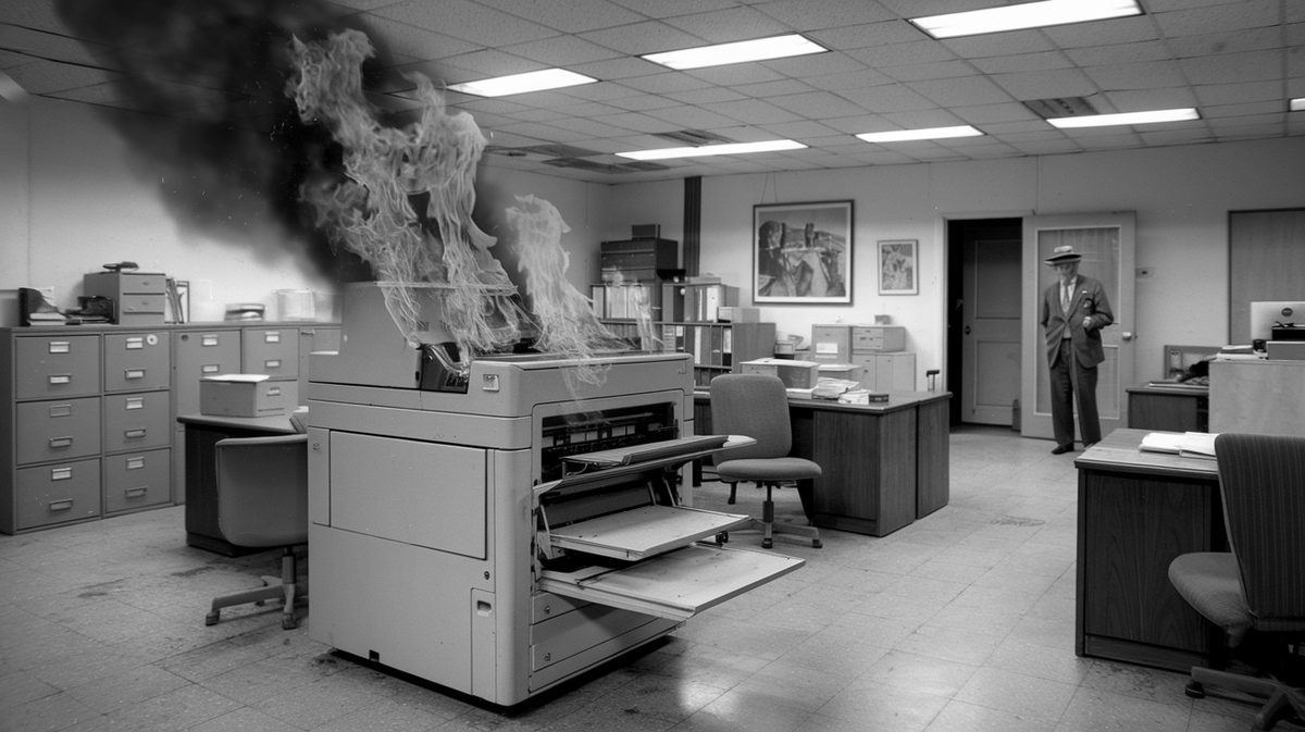 Hystorium1's tweet photo. Today in 1959: The first successful photocopier, the Xerox 914, was introduced. It was so prone to catching fire that the company included a "scorch eliminator," which was essentially a small fire extinguisher, with every machine. #history #technology #techsupport https://t.co/jP2khS7LEs