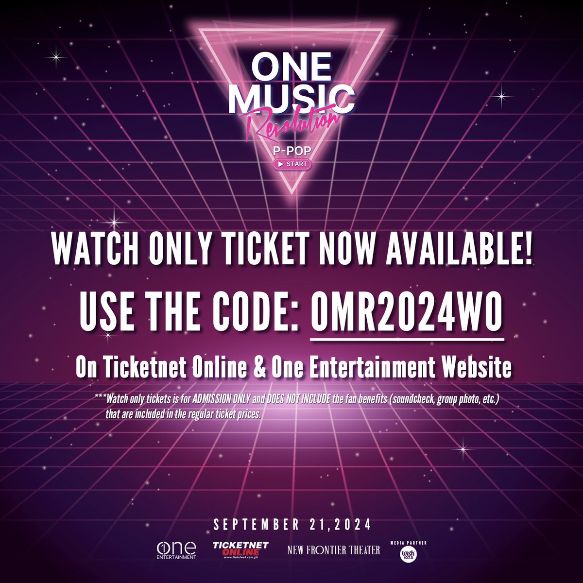 oneentph's tweet photo. You can buy WATCH ONLY Tickets on our official website! 🤩 

No fan benefits are included, but you will be able to see your fave artists perform live! 😉 

LIMITED TICKETS are available for all tiers! Just make sure  to use the code below when you check out! 👀

🎟 Buy your tickets here: https://t.co/9icJI9A6OX

#oneentph #OMR
#OneMusicRevolution
#OneMusicOneHeart