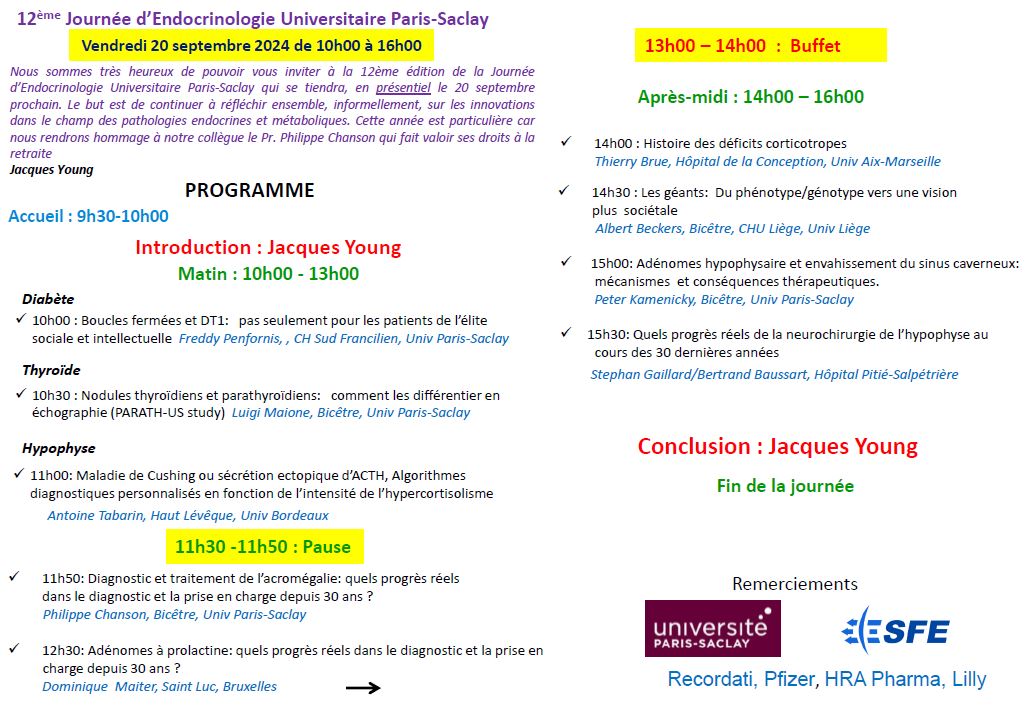CRMR HYPO Bicêtre (@hypo_bicetre) on Twitter photo 🚨 J-8 avant la Journée d'Endocrinologie Universitaire Paris-Saclay 2024. Hâte de vous retrouver pour cette riche journée de recherche, mais aussi pour célébrer la carrière du Pr Philippe Chanson.
🗓️ 20/09/2024
🗺️<a href="/MedecineUPSay/">Faculté de Médecine Paris-Saclay</a> <a href="/Hopital_Bicetre/">Hôpital Bicêtre AP-HP</a>
ℹ️ tristan.verdelet(at)aphp(.)fr 🚨 J-8 avant la Journée d'Endocrinologie Universitaire Paris-Saclay 2024. Hâte de vous retrouver pour cette riche journée de recherche, mais aussi pour célébrer la carrière du Pr Philippe Chanson.
🗓️ 20/09/2024
🗺️<a href="/MedecineUPSay/">Faculté de Médecine Paris-Saclay</a> <a href="/Hopital_Bicetre/">Hôpital Bicêtre AP-HP</a>
ℹ️ tristan.verdelet(at)aphp(.)fr