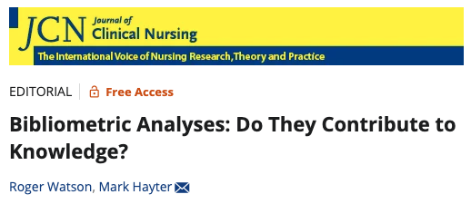Leslie Gelling (@leslie_gelling) on Twitter photo Interesting editorial from <a href="/MarkHayter1/">Prof Mark Hayter</a> & <a href="/rwatson1955/">Roger Watson 🇬🇧 🏴 🇮🇪🖋🐸</a> about bibliometric analyses. What do they contribute?
<a href="/jclinnursing/">J Clinical Nursing</a> @Wiley_Nursing @Stephen_Neville <a href="/CBradburyJones/">C Bradbury-Jones</a> <a href="/VinciyaPandian/">Vinciya Pandian PhD, MBA, MSN, FAANP, FAAN</a> <a href="/salamonson/">Yenna Salamonson</a>
bit.ly/3zoDiMD Interesting editorial from <a href="/MarkHayter1/">Prof Mark Hayter</a> & <a href="/rwatson1955/">Roger Watson 🇬🇧 🏴 🇮🇪🖋🐸</a> about bibliometric analyses. What do they contribute?
<a href="/jclinnursing/">J Clinical Nursing</a> @Wiley_Nursing @Stephen_Neville <a href="/CBradburyJones/">C Bradbury-Jones</a> <a href="/VinciyaPandian/">Vinciya Pandian PhD, MBA, MSN, FAANP, FAAN</a> <a href="/salamonson/">Yenna Salamonson</a>
bit.ly/3zoDiMD