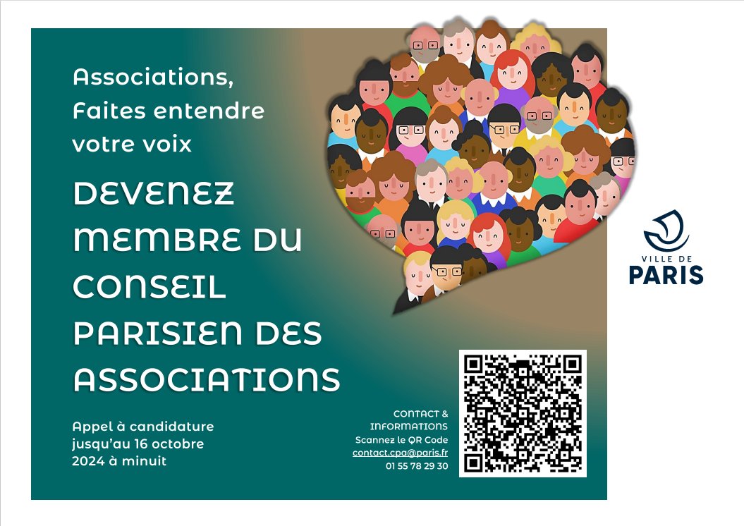 CarrefourAsso's tweet photo. ⏰Du 12 septembre au 16 octobre minuit, candidatez pour devenir membre du Conseil Parisien des #Associations, l'instance de démocratie participative de la Ville de Paris dédiée aux acteurs et actrices de la #VieAssociative !
Infos et contacts : https://t.co/Zux9Dn2EFI https://t.co/2vuOeUGLUW