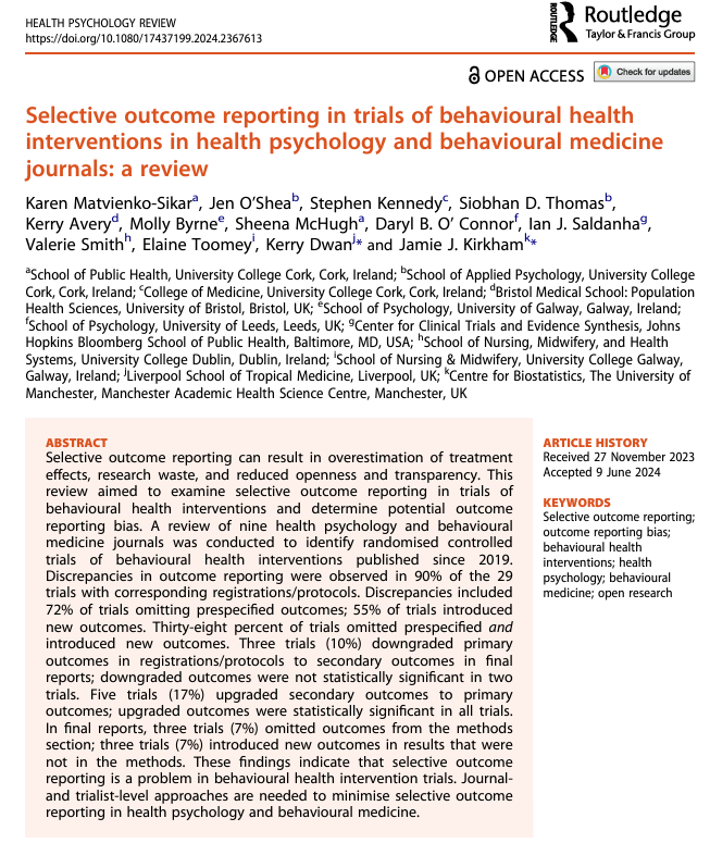 Interested in open science? Then you might want to have a look at this review on selective outcome reporting by <a href="/KarenMSikar/">Dr Karen Matvienko-Sikar</a> and colleagues!  <a href="/EHPS_OS_SIG/">EHPS Open Science SIG</a> 

Read the full article here: doi.org/10.1080/174371…