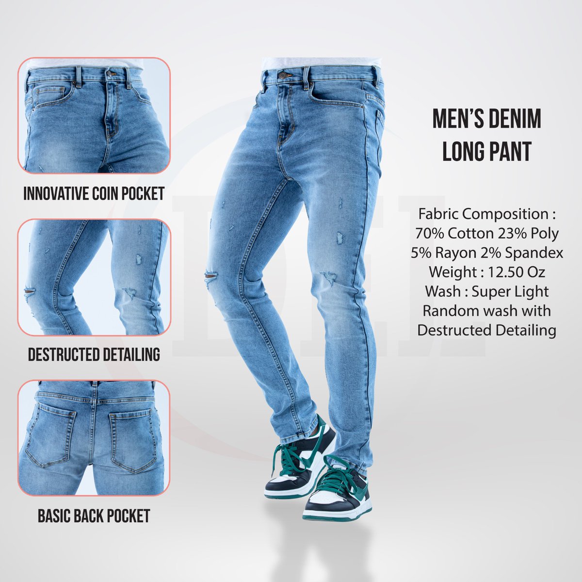 Mens fashionable Denim Long Pant.
Introducing mens fashionable Denim Long pant. 70% BCI cotton 23% poly 5% rayon 2% elastane. 12.50 Oz ring slub denim. Light wash with destructed detailing.
#denim #denimexpert #innovation