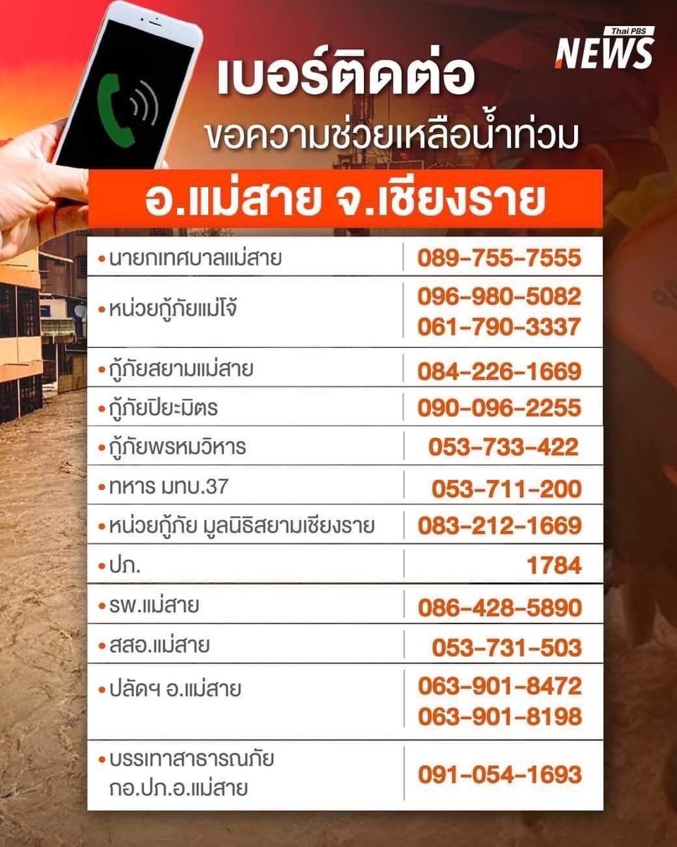 forchinadis's tweet photo. ขออนุญาตประชาสัม��ันธ์ช่องทางต่างๆ ในการติดต่อและขอความช่วยเหลือค่ะ🙏

และขอส่งกำลังใจให้กับพี่ๆ เจ้าหน้าที่และผู้ประสบอุทกภัยทุกท่านให้ผ่านพ้นเหตุการณ์นี้ไปได้โดยเร็วและปลอดภัยกันทุกท่านด้วยนะคะ
#น้ำท่วมเชียงราย #น้ำท่วมแม่สาย 
#น้ำท่วมภาคเหนือ #น้ําท่วม67 https://t.co/coc5MHG3Dx