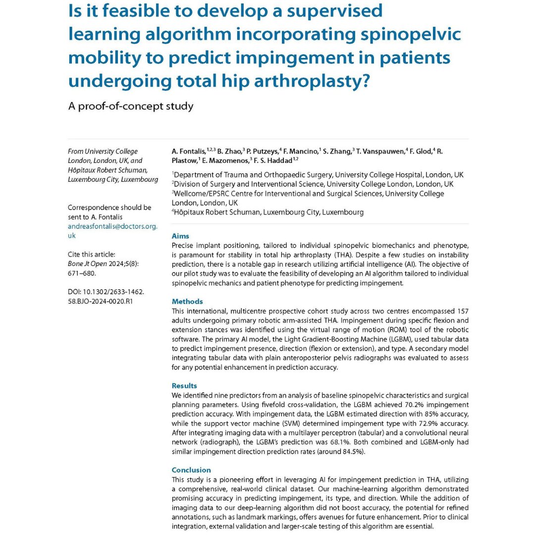 Bone & Joint Open (@bonejointopen) on Twitter photo This study highlights the feasibility of using an artificial intelligence algorithm to predict impingement in total hip arthroplasty based on individual spinopelvic mechanics and patient phenotype.
#BJO <a href="/AFontalis/">Andreas Fontalis</a> <a href="/orthofabioman/">Fabio Mancino</a> <a href="/emazomenos/">Evangelos Mazomenos</a> <a href="/bjjeditor/">Prof Fares Haddad</a>
ow.ly/G0GG50T7z06 This study highlights the feasibility of using an artificial intelligence algorithm to predict impingement in total hip arthroplasty based on individual spinopelvic mechanics and patient phenotype.
#BJO <a href="/AFontalis/">Andreas Fontalis</a> <a href="/orthofabioman/">Fabio Mancino</a> <a href="/emazomenos/">Evangelos Mazomenos</a> <a href="/bjjeditor/">Prof Fares Haddad</a>
ow.ly/G0GG50T7z06