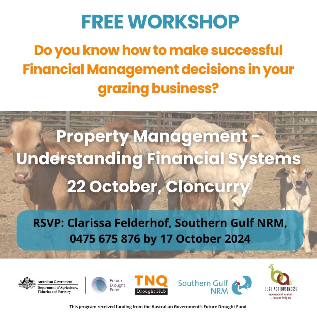 Southern Gulf NRM (@southerngulf) on Twitter photo π’ Graziers in Cloncurry! Join us on Oct 22 for a FREE workshop to improve your financial systems and boost your business performance.
ποΈ Oct 22 | πCloncurry Community Precinct
RSVP by Oct 17: clarissa.felderhof@southerngulf.com.au | 0475 675 876 π’ Graziers in Cloncurry! Join us on Oct 22 for a FREE workshop to improve your financial systems and boost your business performance.
ποΈ Oct 22 | πCloncurry Community Precinct
RSVP by Oct 17: clarissa.felderhof@southerngulf.com.au | 0475 675 876