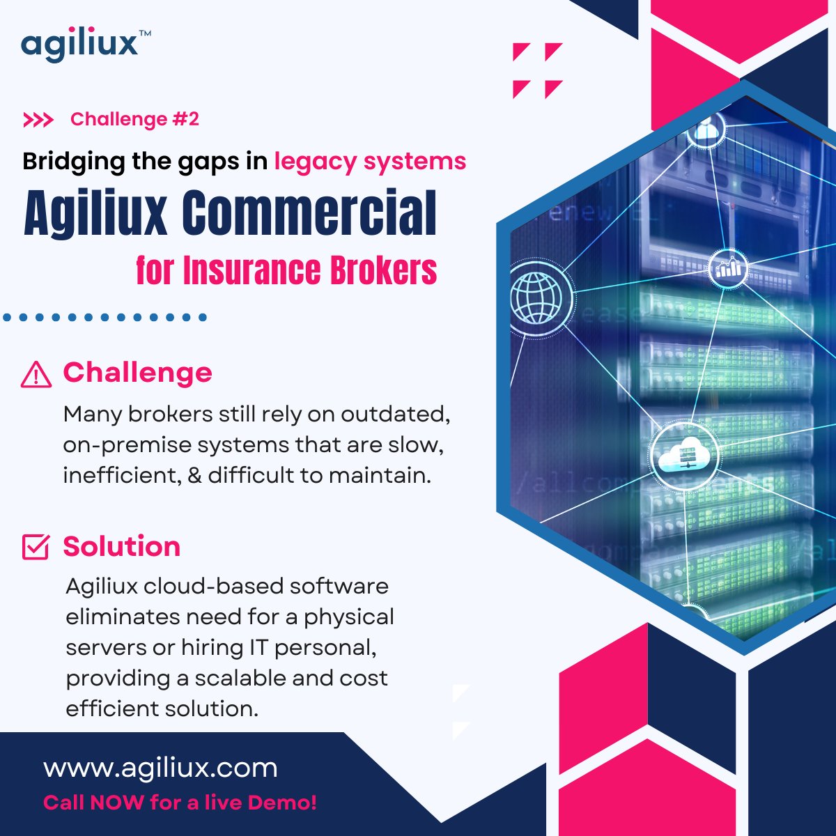 Are legacy systems slowing your business process?
Switch to Agiliux's scalable cloud-based solution &amp; say goodbye to slow, outdated systems &amp; hello to scalability, flexibility &amp; cost-efficiency.

Details on agiliux.com