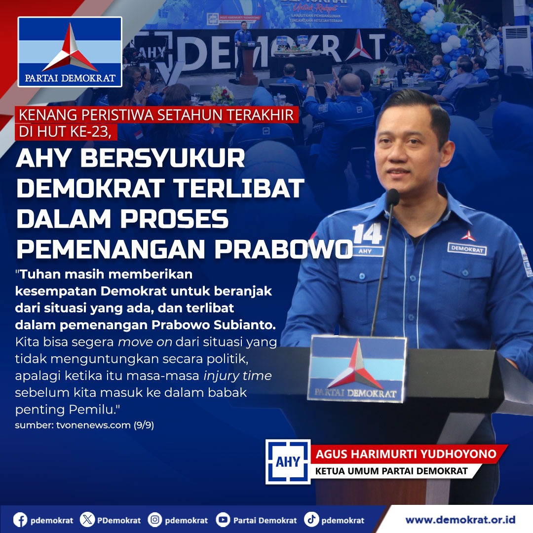 Kenang peristiwa setahun terakhir di HUT ke-23,
AHY bersyukur Demokrat terlibat dalam proses pemenangan Prabowo.
.
#demokrat #pdemokrat #ahy #demokrats14p #demokratjatim #jatim
