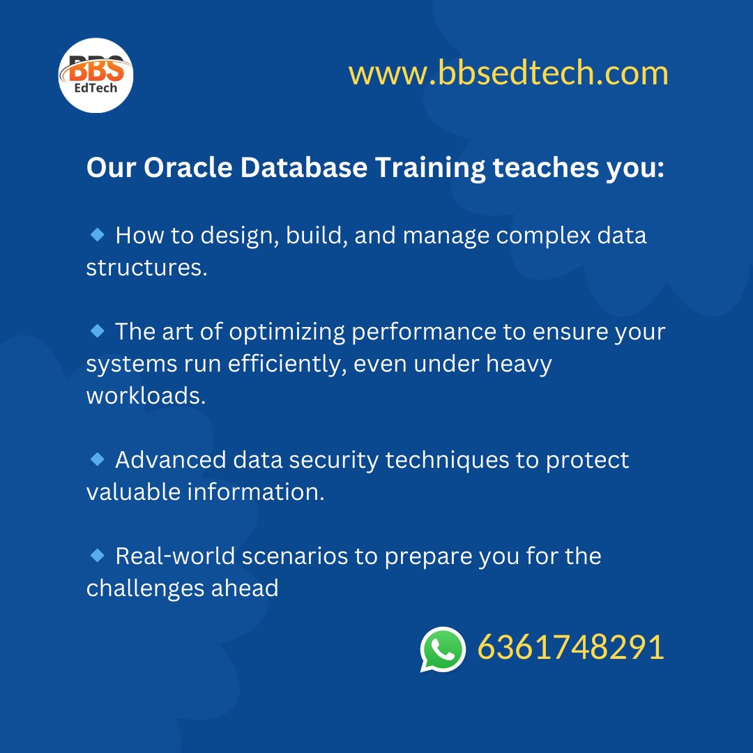 BSedutech's tweet image. 🚀 Unlock the Power of Data with Oracle Database!

💻 Whether you&apos;re an aspiring Database Administrator or someone looking to enhance your current skillset, Oracle Database is the solution to unlocking new career opportunities. Join us and become a data expert!

#bbsedtech