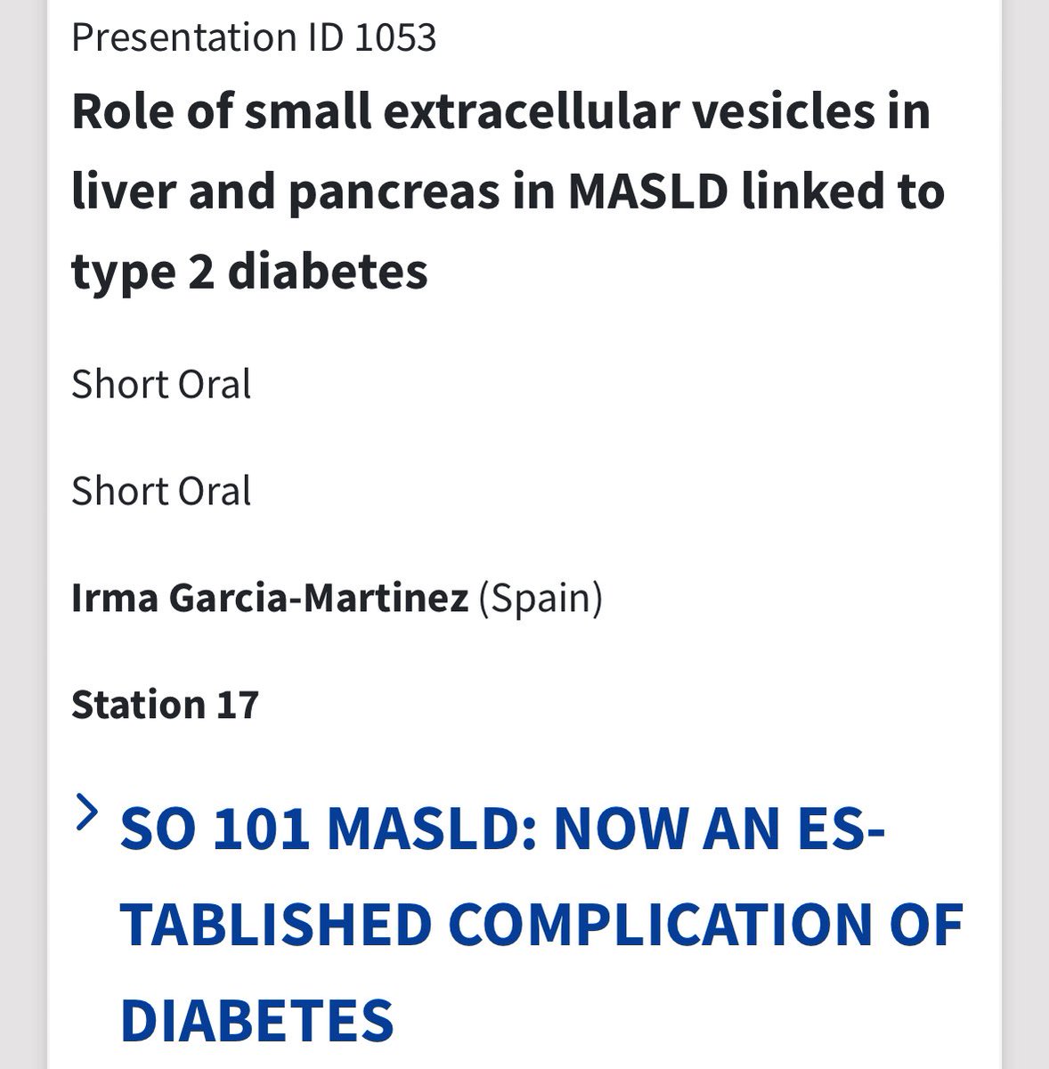 Day 4️⃣ at the #EASD2024 ☀️
📢 Don’t miss today the oral short communication at Station 7 12.45 pm given by Dr. Irma Garcia-Martinez. She will talk about the role of small extracellular vesicles in liver and pancreas in MASLD linked to type 2 diabetes. 
🚨Very hot topic nowadays‼️