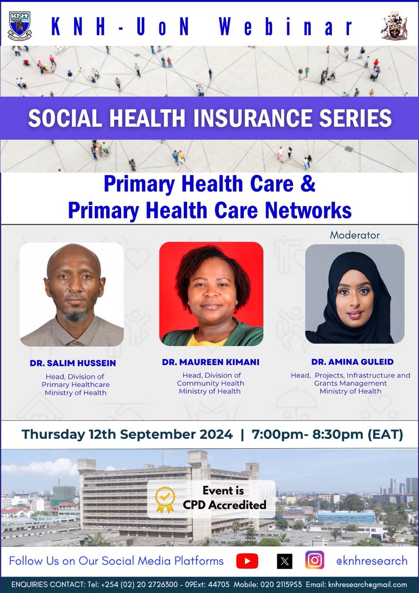 Amina Guleid (@guleidamina) on Twitter photo On the 19th October 2023, 3 laws were enacted to give framework to ensure healthcare is affordable in other words attain UHC.
I’m moderating a series of webinar targeting the health workforce to understand.
They will be uploaded on <a href="/KnhResearch/">KNH Research</a> YouTube channel. On the 19th October 2023, 3 laws were enacted to give framework to ensure healthcare is affordable in other words attain UHC.
I’m moderating a series of webinar targeting the health workforce to understand.
They will be uploaded on <a href="/KnhResearch/">KNH Research</a> YouTube channel.