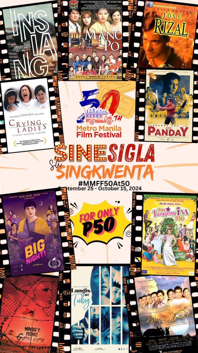 botikabituka's tweet photo. For its 50th year, the MMFF will be showing 50 Filipino films on big screens nationwide for only P50 starting this September 25!

First lineup includes Insiang (1976), Minsa’y Isang Gamu-gamo (1976), and Jose Rizal (1998).

I’m definitely feeling normal about this 🫨

#MMFF50 https://t.co/6bOj60vvIo