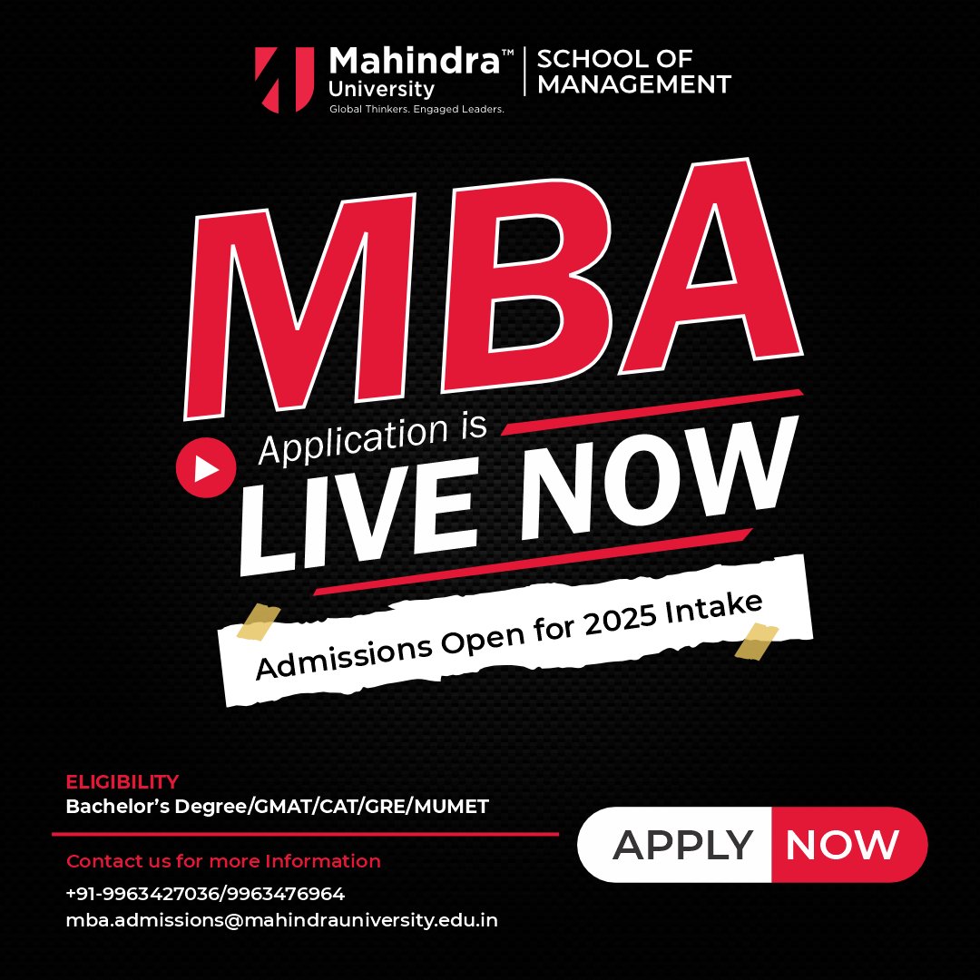 Mahindra University’s MBA Application for 2025 is NOW LIVE!
If you're ready to elevate your career and lead the future of business, this is your chance! 

✅ Apply today and be part of a world-class MBA program.
🔗 bit.ly/4gldvWf

#MBA2025 #mba #mbalife #CAT25 #gre #gmat