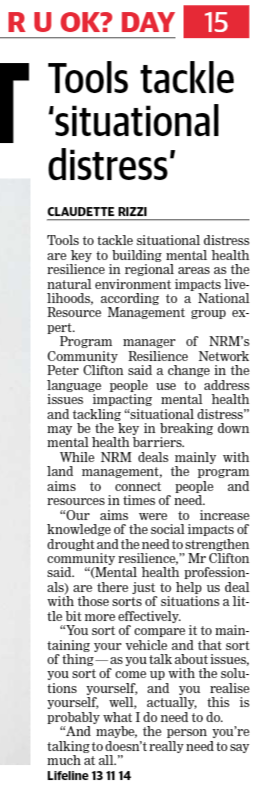 ag_southwestnrm's tweet photo. I (@petercliftonsw) "sort of" got in the paper today talking about things I've learnt from @RuralWest @RMHI_4BLOKES #6Bs and #RuralAid through our @FRRR_Oz community resilience project #RUOKDay https://t.co/OxMopgVdJU
