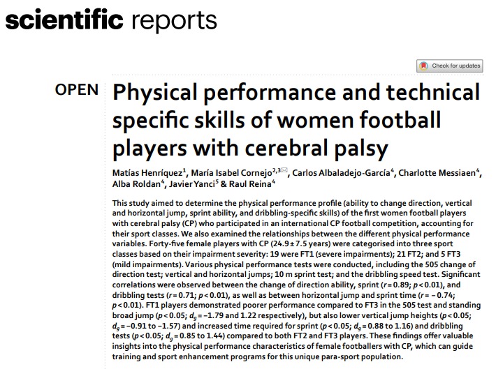 Raul Reina (@rreinava) on Twitter photo First paper in Female CP football in Scientific Reports by Nature with <a href="/cornejo_isa/">María Isabel Cornejo</a>, <a href="/HenriquezMJV/">Matias Henriquez Valenzuela</a>, <a href="/albarolrom/">aroldan</a>, <a href="/AlbalaCarlos/">Carlos Albaladejo</a>. Thanks supporting of <a href="/ifcpf/">IFCPF (CP Football) ⚽️</a> and #ApCom research group of the <a href="/cidumh/">CID (UMH)</a> reserach institute UMH. <a href="/cafd_umh/">Grado en CAFD UMH</a>
nature.com/articles/s4159… First paper in Female CP football in Scientific Reports by Nature with <a href="/cornejo_isa/">María Isabel Cornejo</a>, <a href="/HenriquezMJV/">Matias Henriquez Valenzuela</a>, <a href="/albarolrom/">aroldan</a>, <a href="/AlbalaCarlos/">Carlos Albaladejo</a>. Thanks supporting of <a href="/ifcpf/">IFCPF (CP Football) ⚽️</a> and #ApCom research group of the <a href="/cidumh/">CID (UMH)</a> reserach institute UMH. <a href="/cafd_umh/">Grado en CAFD UMH</a>
nature.com/articles/s4159…