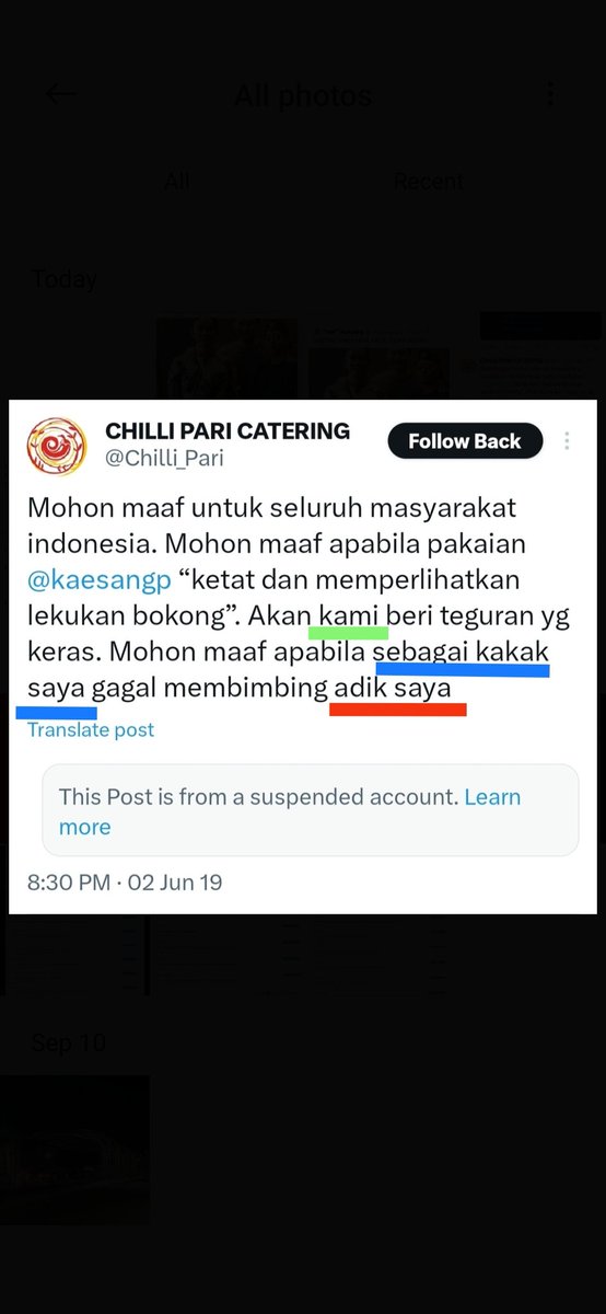 ...Bukti paling telak yg mustahil disangkal.

Bahwa admin akun <a href="/Chilli_Pari/">CHILLI PARI CATERING</a> = Gibran.

Karna <a href="/kaesangp/">“kak” Kaesang</a> hanya punya 2 kakak:

1. Gibran
2. Kahiyang

Dan akun <a href="/Chilli_Pari/">CHILLI PARI CATERING</a> secara jelas menulis:

(((((Adik Kami)))))

Karna gak mungkin rasa'y jika admin Fufufafa = Kahiyang... (``,)