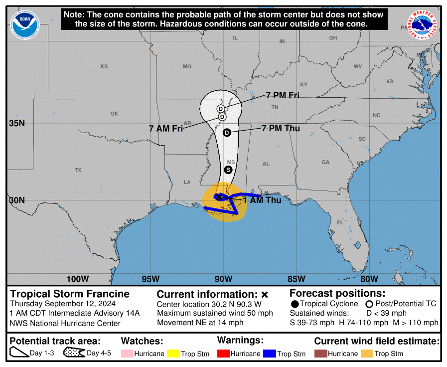 LimWeather's tweet photo. #Francine in #Louisiana down to 50mph #tropicalstorm
interests should watch out for #flooding rains #wxtwitter #Wxx #Tropicswx #HurricaneSeason2024 #HurricaneSeason #MSwx #LAwx #BatonRouge #HurricaneFrancine #NewOrleans #Gulfport #Tnwx #Arwx #Mowx #Kywx #Mississippi #Hurricane https://t.co/aDUuT4X93R