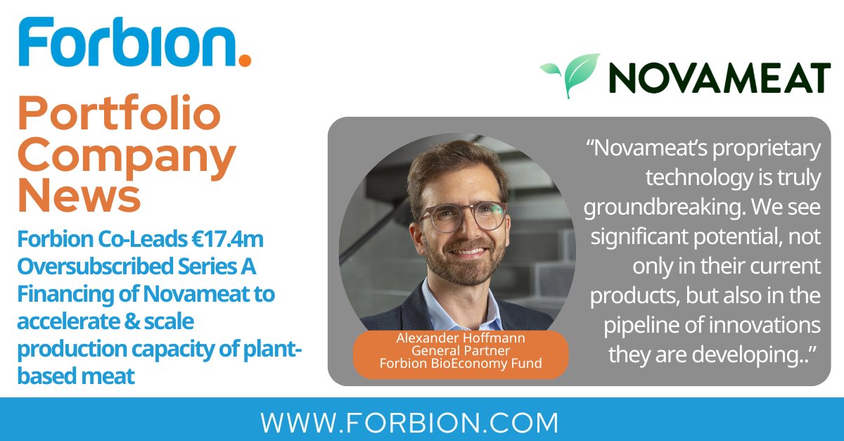 Our second investment announcement from the Forbion BioEconomy Fund in 2 days. Welcome Novameat! Read more here: forbion.com/en/news/forbio… #lifesciences #bioeconomy #biotech #VC