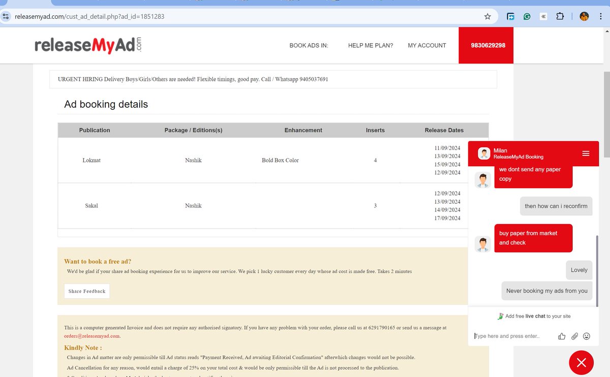 skyagarwal's tweet photo. @releaseMyAd @TimesNow @SakalNashik @lokmat Look at the chat response from my advertising agency which is in red , never booking my ad thru this agency https://t.co/yqUgLPwNUe