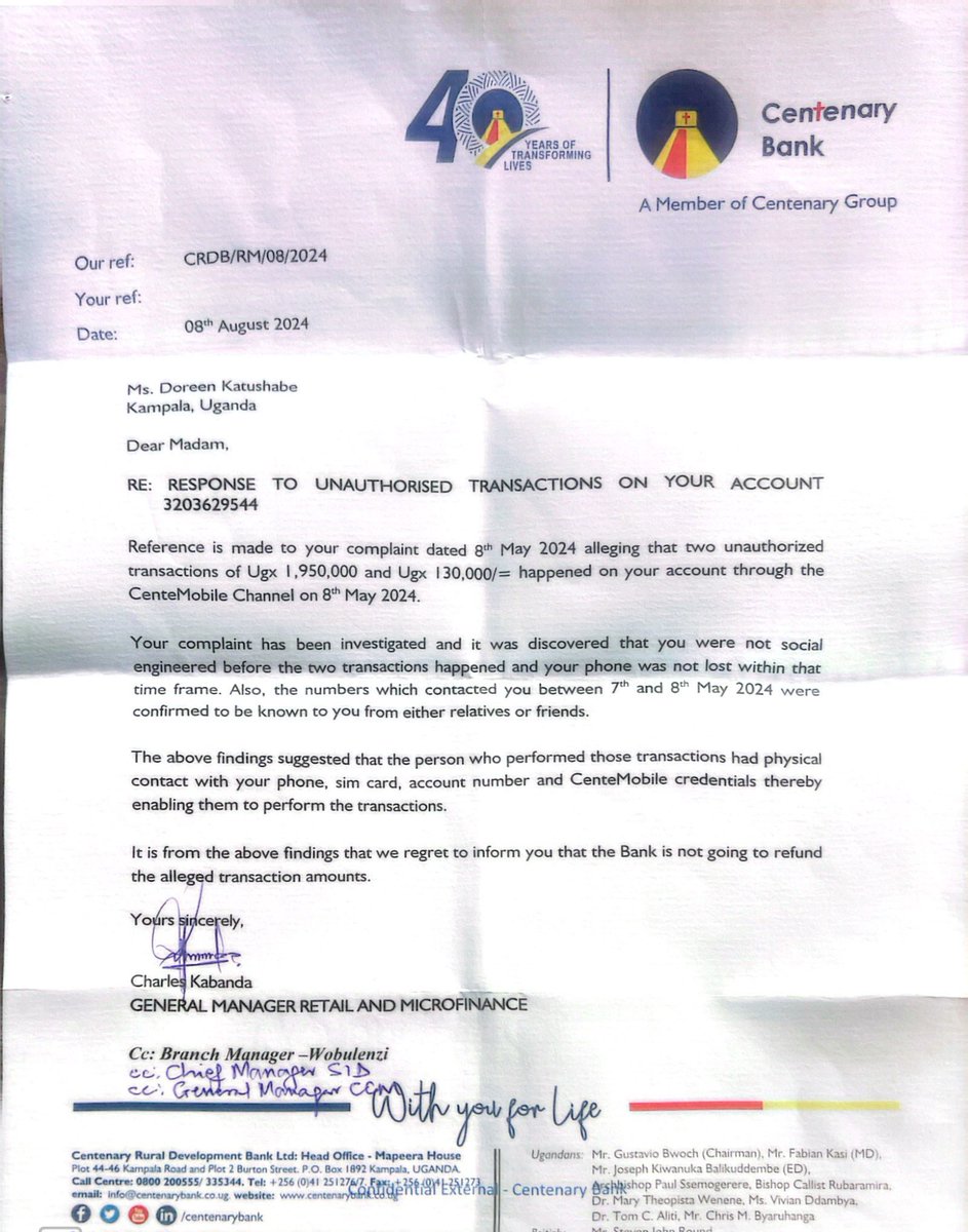 Dorah Kamwine (@dkamwine) on Twitter photo One month since <a href="/CentenaryBank/">Centenary Bank</a> sent me this letter,I read it everyday,I still have no valid reason why my money hasn't been refunded.I explained everything,even showed their investigator I never used the app where my money was taken. My heart is bleeding💔😭
#JusticeForMyMoney One month since <a href="/CentenaryBank/">Centenary Bank</a> sent me this letter,I read it everyday,I still have no valid reason why my money hasn't been refunded.I explained everything,even showed their investigator I never used the app where my money was taken. My heart is bleeding💔😭
#JusticeForMyMoney