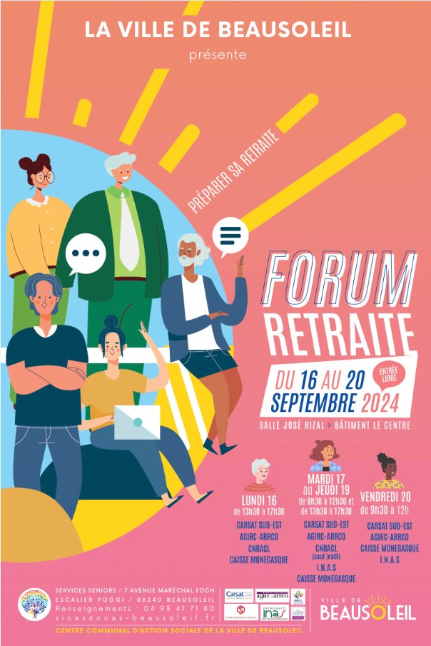 Forum retraite du 16 au 20 sept à Beausoleil (06). Venez rencontrez les différents organismes de régime général français, monégasque et italien (Carsat Sud-Est, <a href="/AgircArrco/">Agirc-Arrco</a>, <a href="/CNRACL/">CNRACL</a>, Inas, Car Monaco), sans RDV et lors d’échanges individuels. + d’infos &gt; carsat-sudest.fr/home/salaries/…