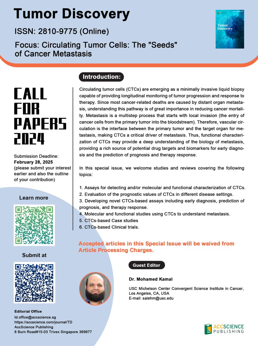 📬📬New Special Issue Open: "Circulating Tumor Cells: The "Seeds" of #Cancer Metastasis" warmly welcoming new submissions. 
✏️✏️Guest Editor: Dr. Mohamed Kamal
accscience.com/journal/TD/spe…