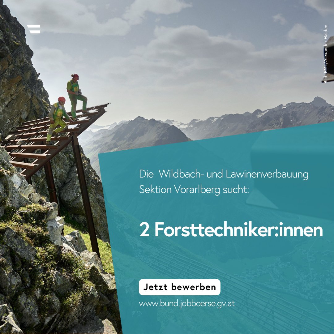 BMLUK_gv_at's tweet photo. Werde Teil des #TeamBML! Wir suchen zwei Forsttechniker:innen für die Wildbach- & Lawinenverbauung in Vorarlberg.
Bewerbung und mehr Infos:
Bregenz: https://t.co/YJdsTzrpIJ
Bludenz: https://t.co/8kD5OM3voj https://t.co/RogTVBVKrq