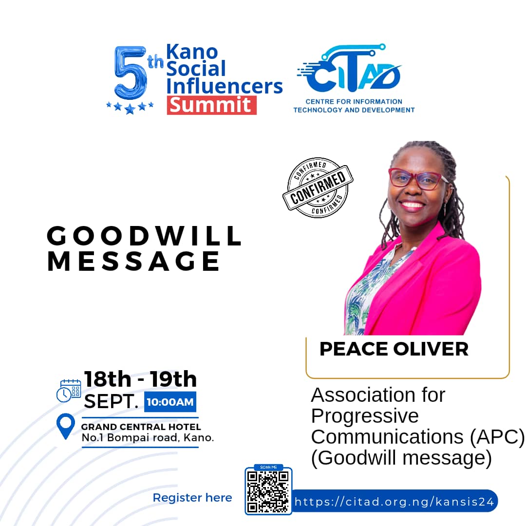 Only a few days left to the 5th Kano Social Influencers Summit #KanSIS24. Peace Oliver Amuge <a href="/PeaceOlive1/">Peace Oliver Amuge</a> of the Association for Progressive Communications <a href="/APC_News/">APC</a> will give a goodwill message. Join us for the 5th round of this great event <a href="/YZYau/">Yunusa Ya'u</a> <a href="/a_sabo12/">Ali Sabo</a> <a href="/_Yusuf_Babagana/">Babagana</a>