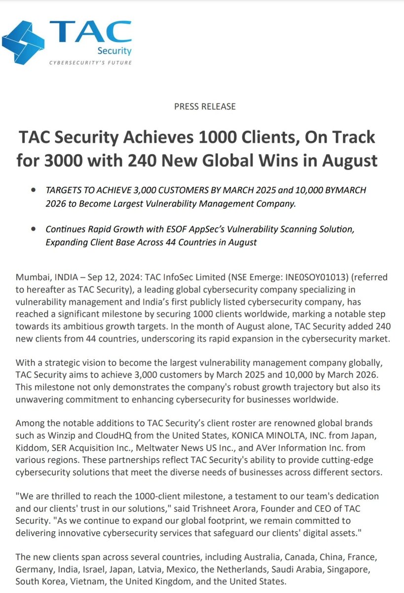 GEMSQUEST's tweet image. 240 clients added in the month of August.
And a total of 1000clients already.
Also clients pay 100% payment upfront for this SaaS solution.
#TACSECURITY
Tac Infosec
