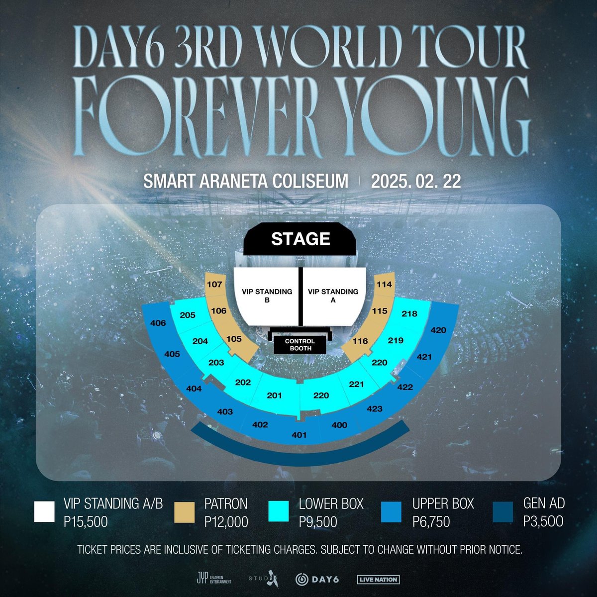 hallyu360's tweet photo. DAY6 3RD WORLD TOUR <FOREVER YOUNG> in MANILA on February 22, 2025, at the Araneta Coliseum.

Ticket price and seat plan details: 
🤘🏻Mastercard Presale: September 30, 10AM – 11:59PM
🤘🏻LNPH Presale: October 1, 10AM – 11:59PM
🤘🏻General Onsale: October 2, 12PM

By @livenationph 🔥 https://t.co/e56FnjwWE5