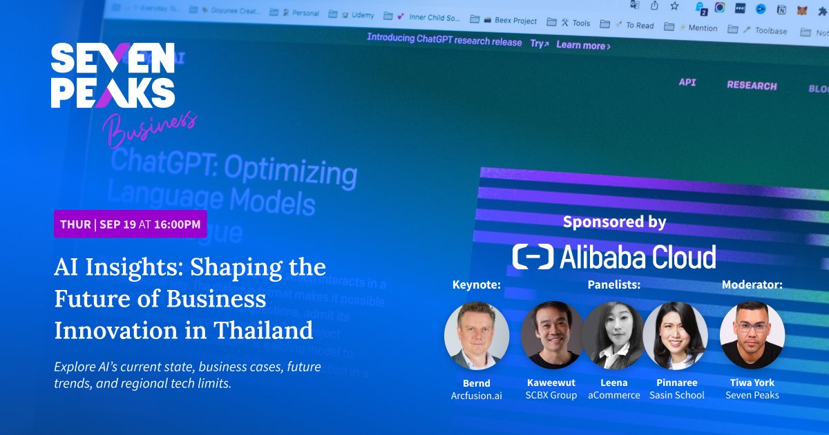 7peakssoftware's tweet photo. Join our team of experts in the upcoming panel event, "AI Insights: Shaping the Future of Business Innovation in Thailand". Ready to prepare your business for the AI-driven future?

Don't miss out on this amazing opportunity. Sign up here: https://t.co/GccalU2boJ https://t.co/t25InaHxYu