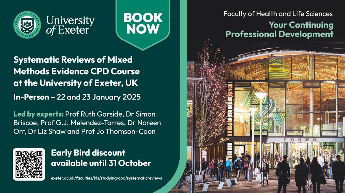 Med CPD @ University of Exeter (@exetermedcpd) on Twitter photo Join <a href="/Ruth_Garside/">Ruth Garside πͺπΊ ππ»</a>Β + a team of experts in-person <a href="/UniofExeter/">University of Exeter</a> for our Systematic Reviews Course. Itβs for academics, health professionals, NGOs, Early researchers, clinicians & more! Earlyπ¦ rate available! BOOK NOW π bit.ly/3Fh2Avr #EvidenceMatters #CPD #PolicyImpact Join <a href="/Ruth_Garside/">Ruth Garside πͺπΊ ππ»</a>Β + a team of experts in-person <a href="/UniofExeter/">University of Exeter</a> for our Systematic Reviews Course. Itβs for academics, health professionals, NGOs, Early researchers, clinicians & more! Earlyπ¦ rate available! BOOK NOW π bit.ly/3Fh2Avr #EvidenceMatters #CPD #PolicyImpact