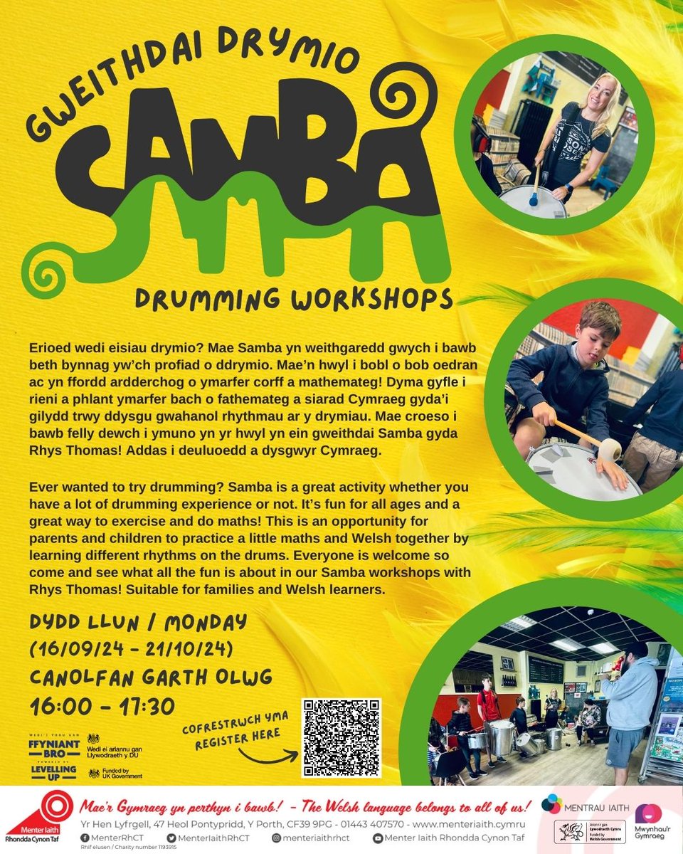 Dewch i ymuno yn yr hwyl yn ein gweithdai Samba gyda Rhys Thomas! Addas i deuluoedd a dysgwyr Cymraeg. 

Come and join in the fun in our Welsh-language Samba workshops with Rhys Thomas! Suitable for families and Welsh learners.

Cofrestru // Register: eventbrite.co.uk/e/101436011741…
