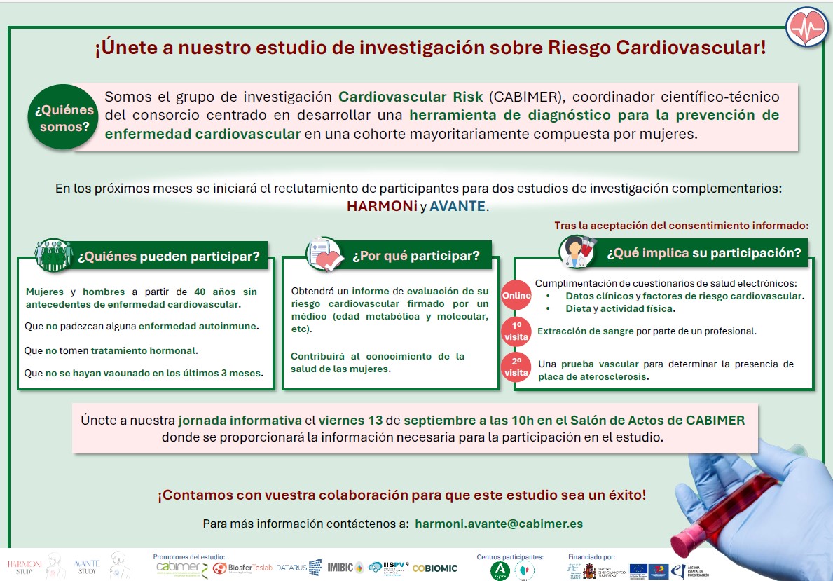 📢📢 ¡Recuerda! Mañana a las 10:00H se celebra en <a href="/cabimer/">Cabimer</a> una jornada informativa acerca del estudio sobre el riesgo cardiovascular en mujeres durante la #menopausia <a href="/inespinedatorra/">Prof Inés Pineda-Torra 🇪🇺🇪🇸🇺🇦</a> 

Apúntate y colabora en desarrollar una herramienta de diagnóstico precoz. Contacto 👇